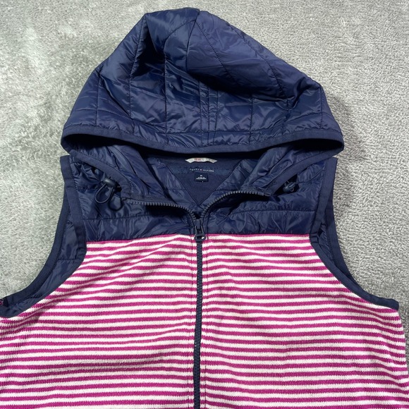 Tommy Hilfiger Athluxe Quilted Hooded Vest Pink White Striped Women's Medium - Picture 1 of 9